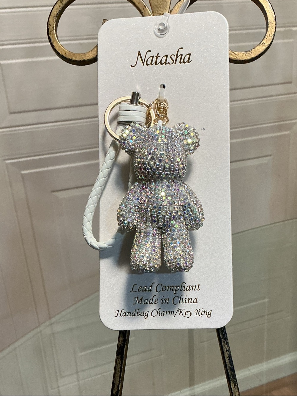 Natasha Sparkling Rhinestones Bear Bag Charm Keyring w/White Braided Strap NWT